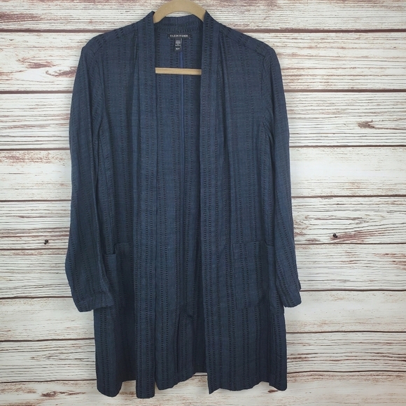 Eileen Fisher Jackets & Blazers - Eileen Fisher Womens XS Navy Blue "Indigo" Textured Stripe Linen Jacket